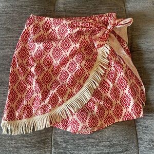 Red and White Patterned Wrap Skirt with Fringe